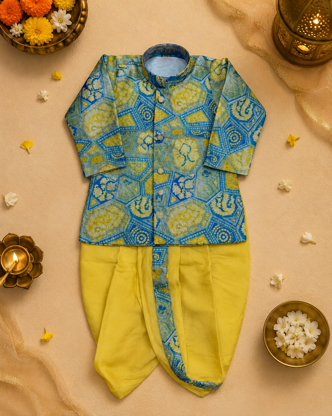 Blue And Yellow Printed Kurta With Lemon Yellow Dhoti