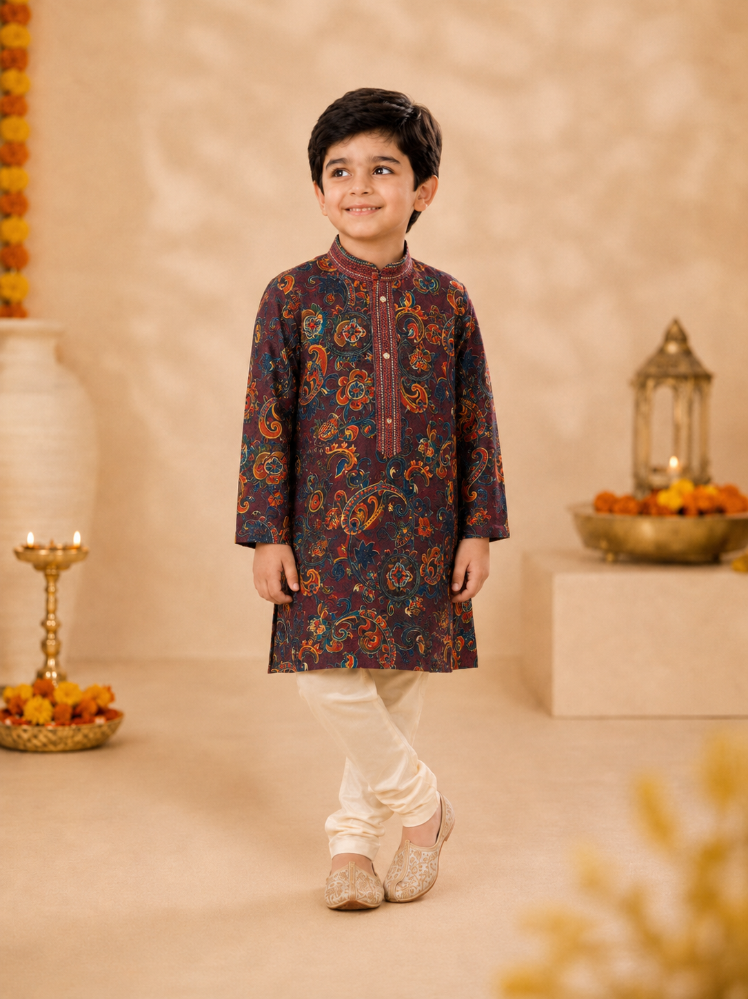 Deep Maroon Printed Kurta With Vibrant Paisley Motifs And Off-White Pyjama