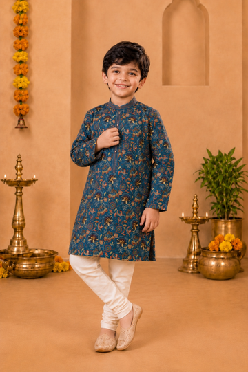 Teal Blue Printed Kurta With Off-white Pyjama