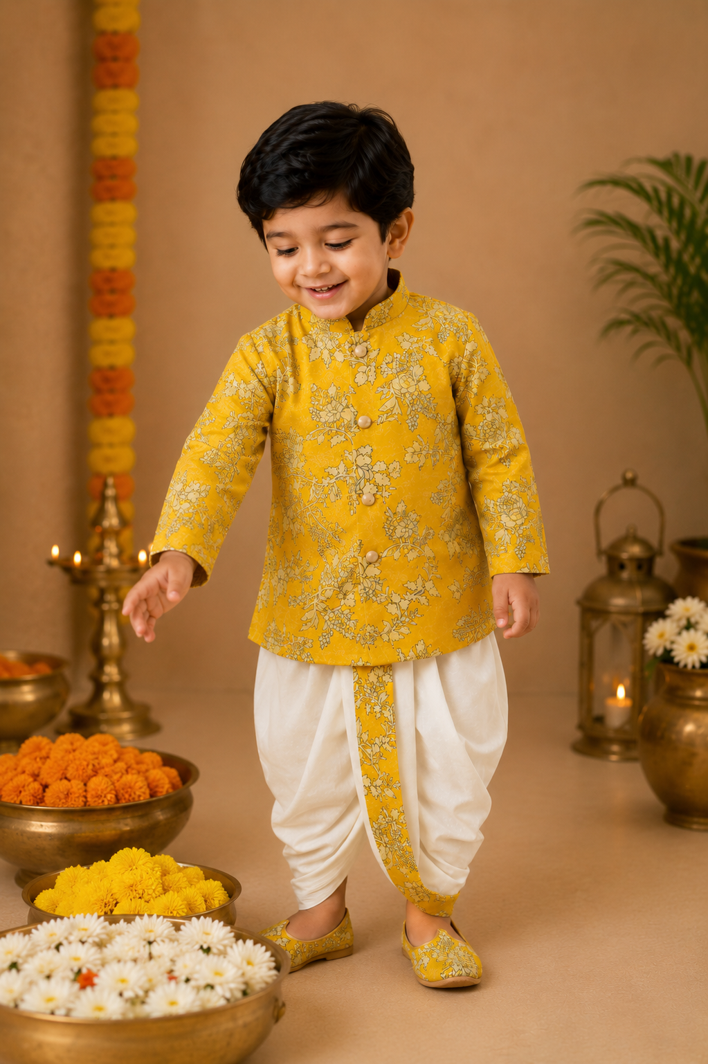 Yellow Printed Kurta With Off-white Dhoti