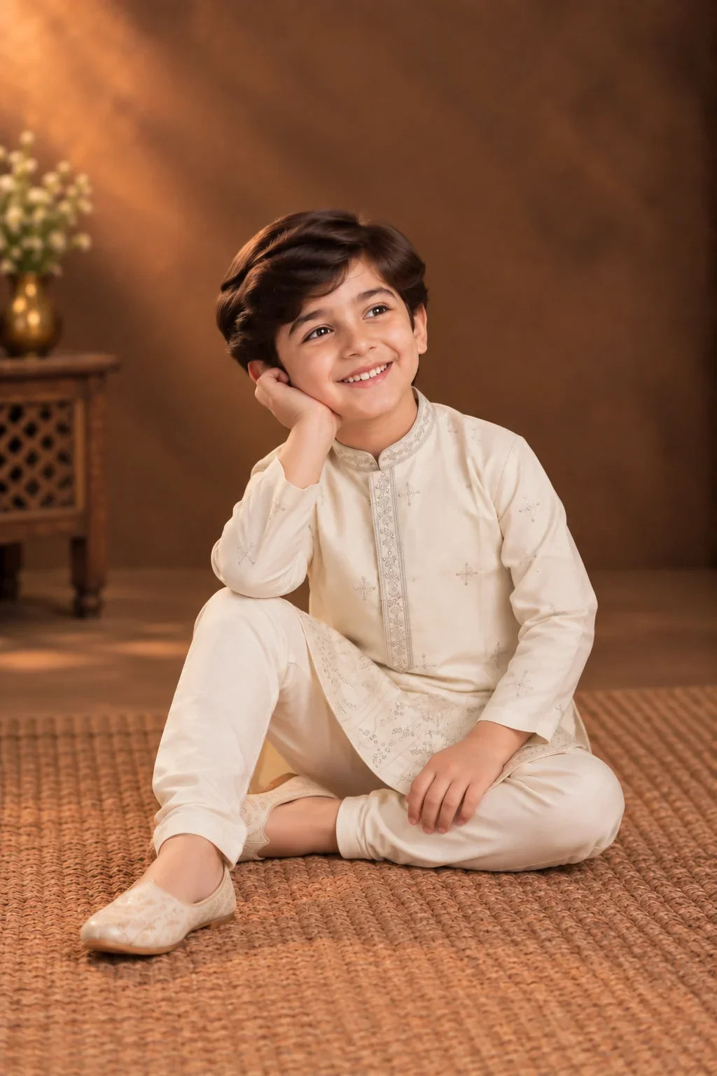 Ivory Kurta With Delicate Silver Embroidery And Off-white Pyjama