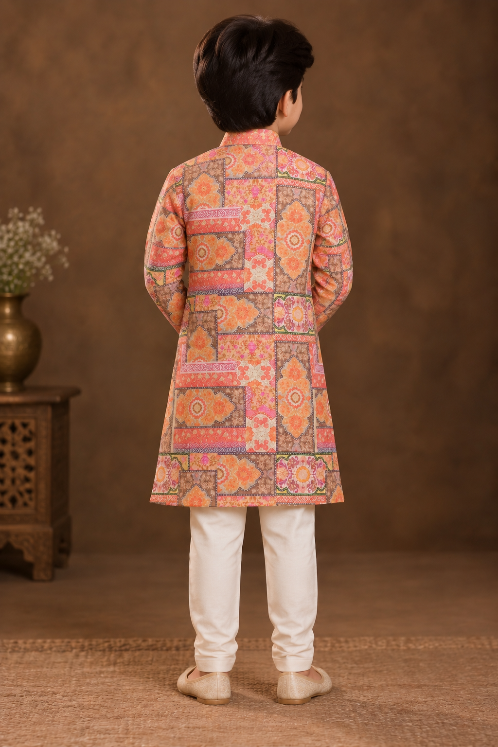 Peach & Coral Multicolour Geometric Printed Kurta With Off-white Pyjama