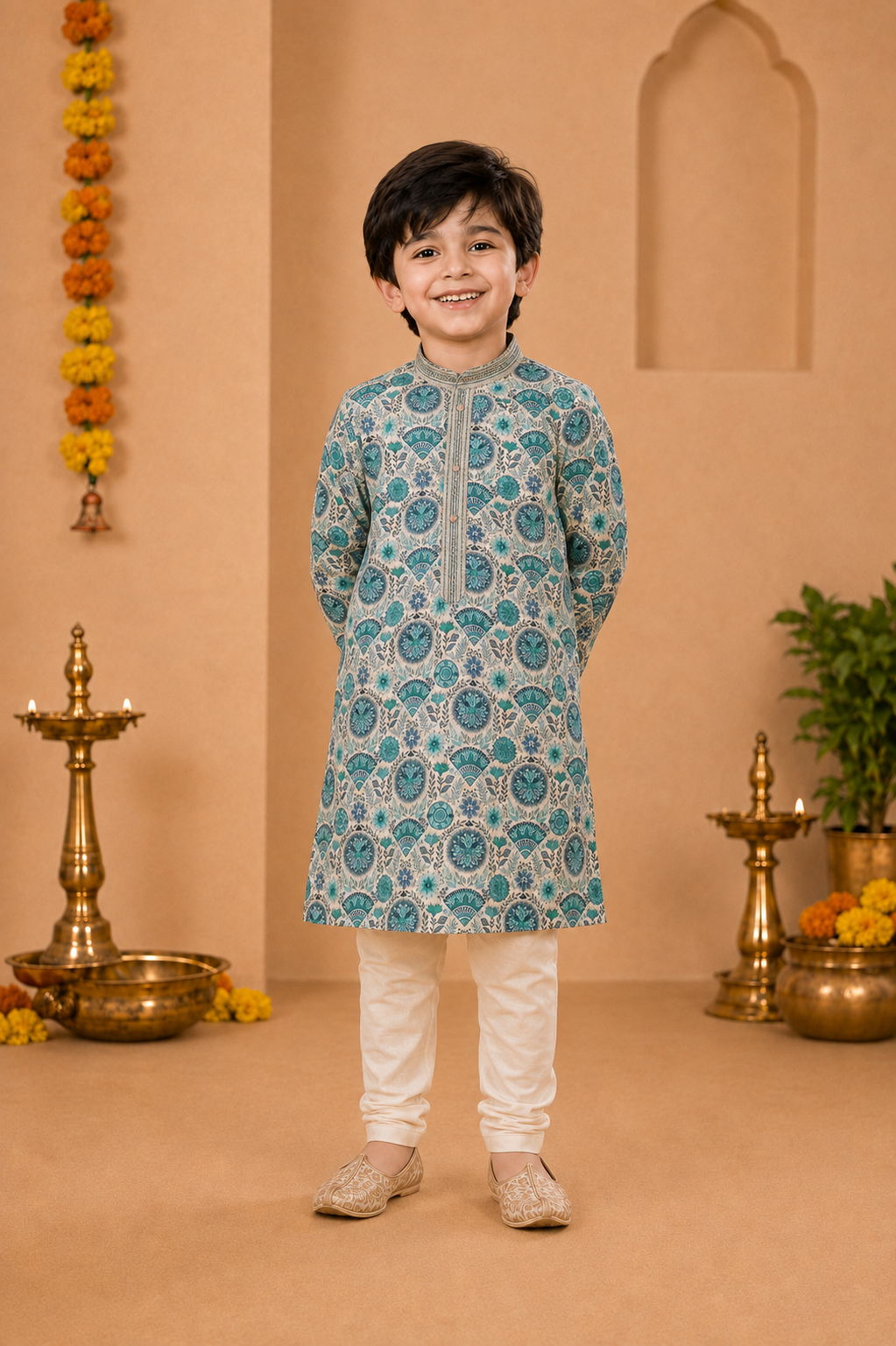 Ivory Printed Kurta With Teal-blue Motifs And Off-white Pyjama