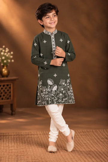 Deep Olive Green Kurta With White Floral Embroidery And Off-white Pyjama