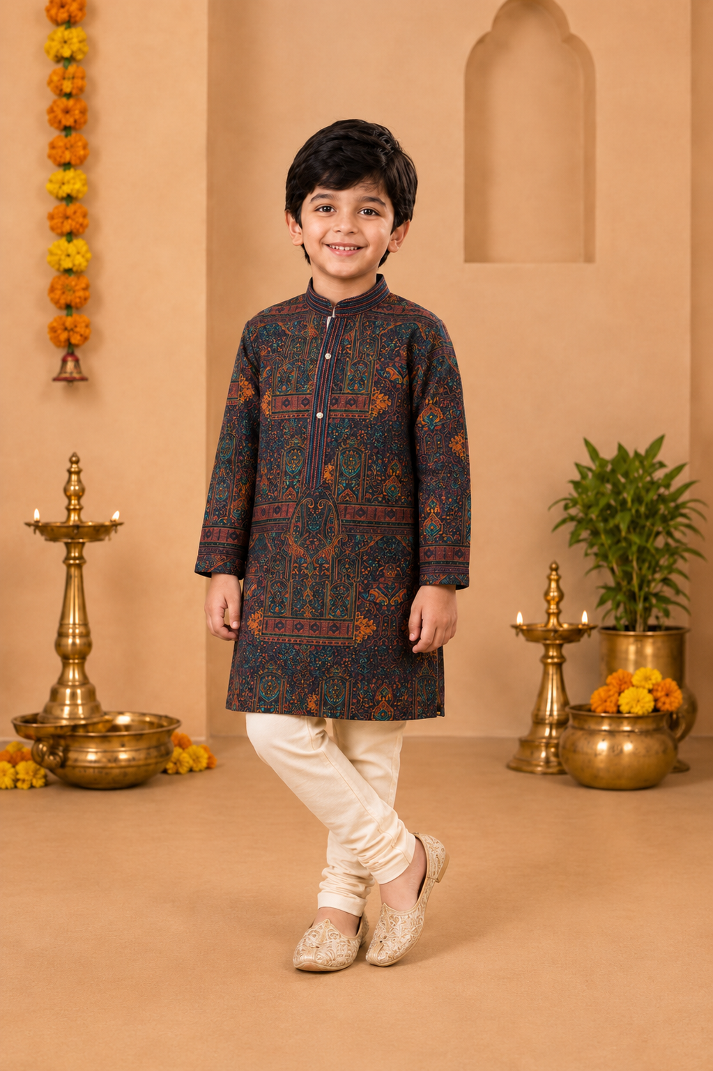 Deep Maroon Printed Kurta With Off-white Pyjama