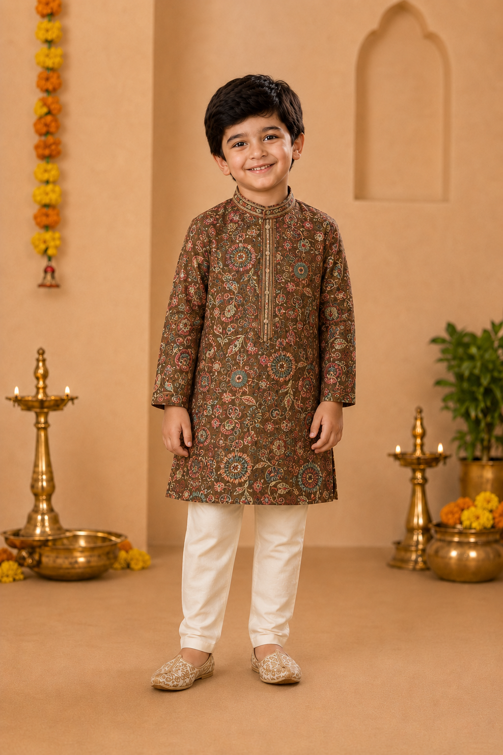 Chocolate Brown Printed Kurta With Off-white Pyjama