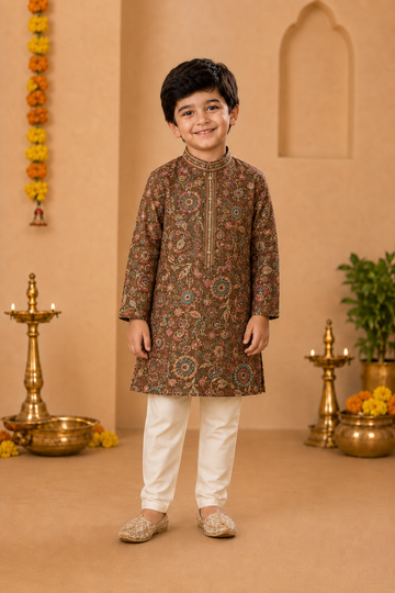 Chocolate Brown Printed Kurta With Off-white Pyjama