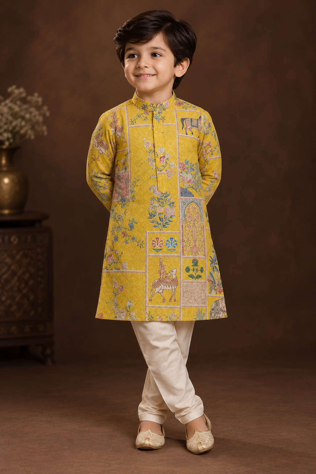 Golden Ochre Printed Kurta With Off-white Pyjama