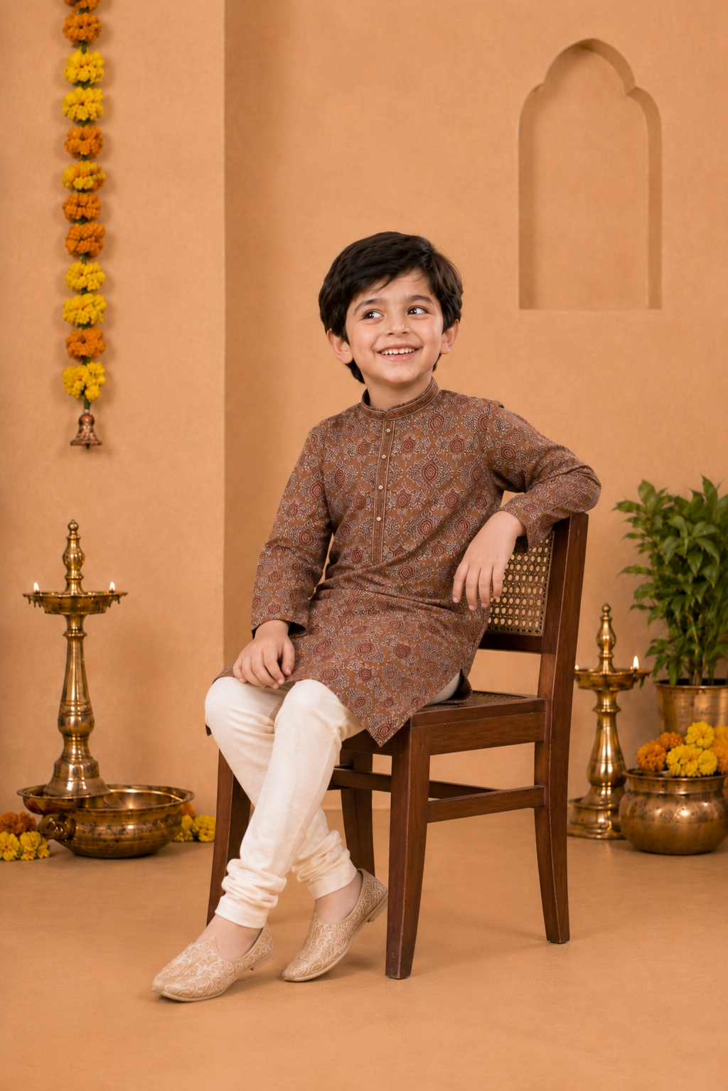 Rust Brown Printed Kurta With Off-white Pyjama