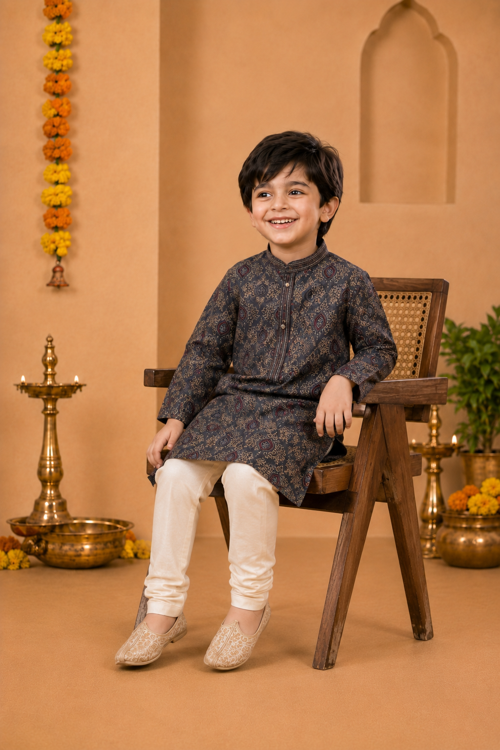 Charcoal Grey Printed Kurta With Off-white Pyjama