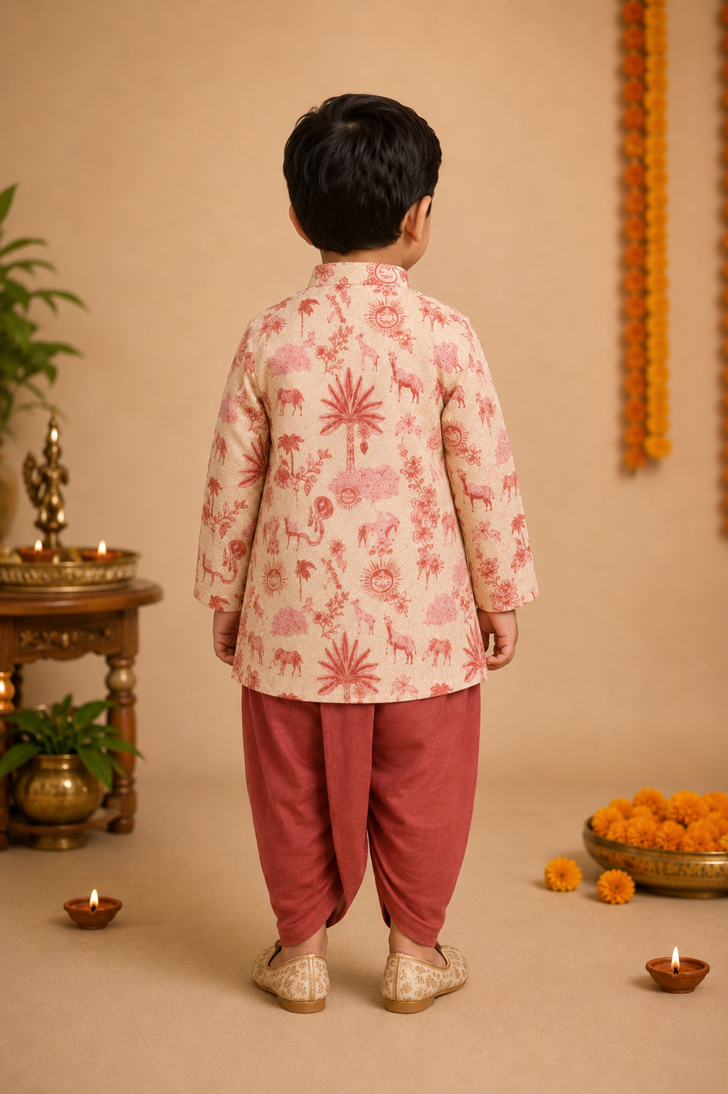 Cream Printed Kurta With Brick Red Dhoti