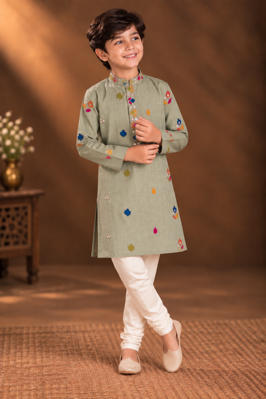 Sage Green Kurta With Vibrant Multicolour Floral Embroidery And Off-white Pyjama