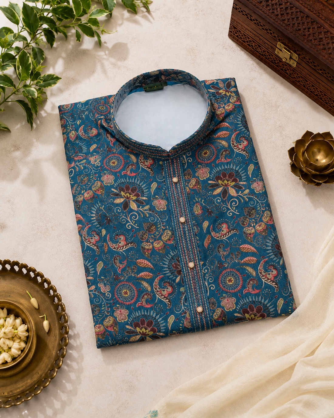Teal Blue Printed Kurta With Off-white Pyjama