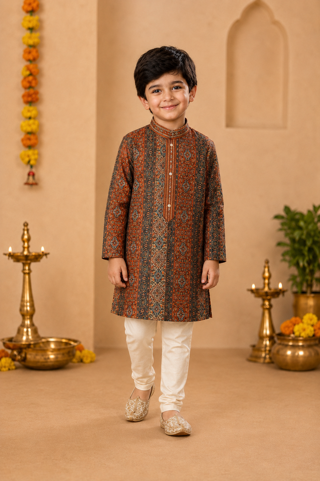 Burnt Orange Printed Kurta With Off-white Pyjama