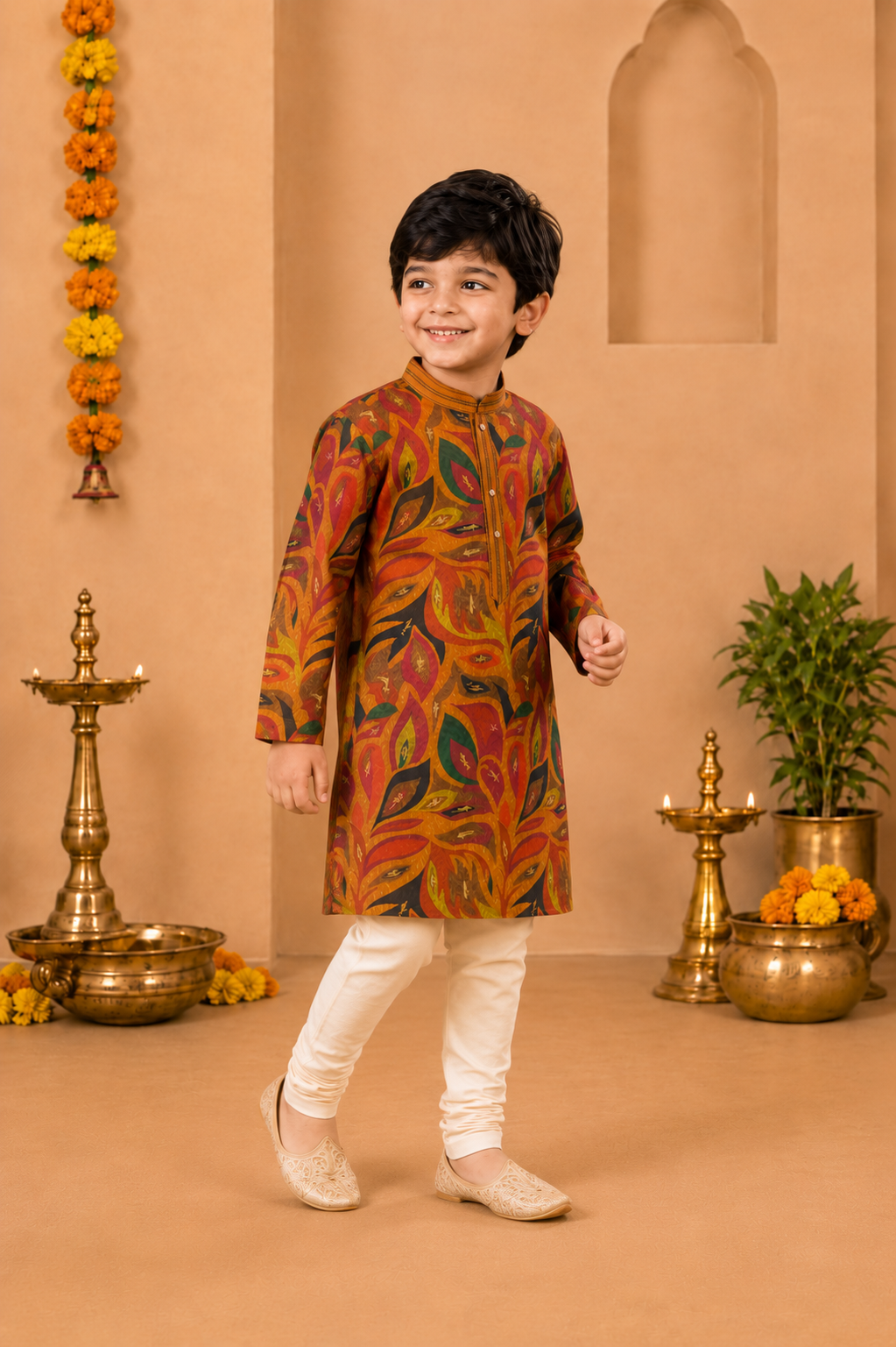 Multicoloured Printed Kurta With Off-white Pyjama