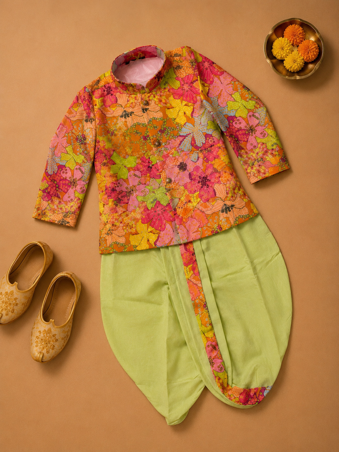 Multicolor Floral Printed Kurta With Pastel Green Dhoti