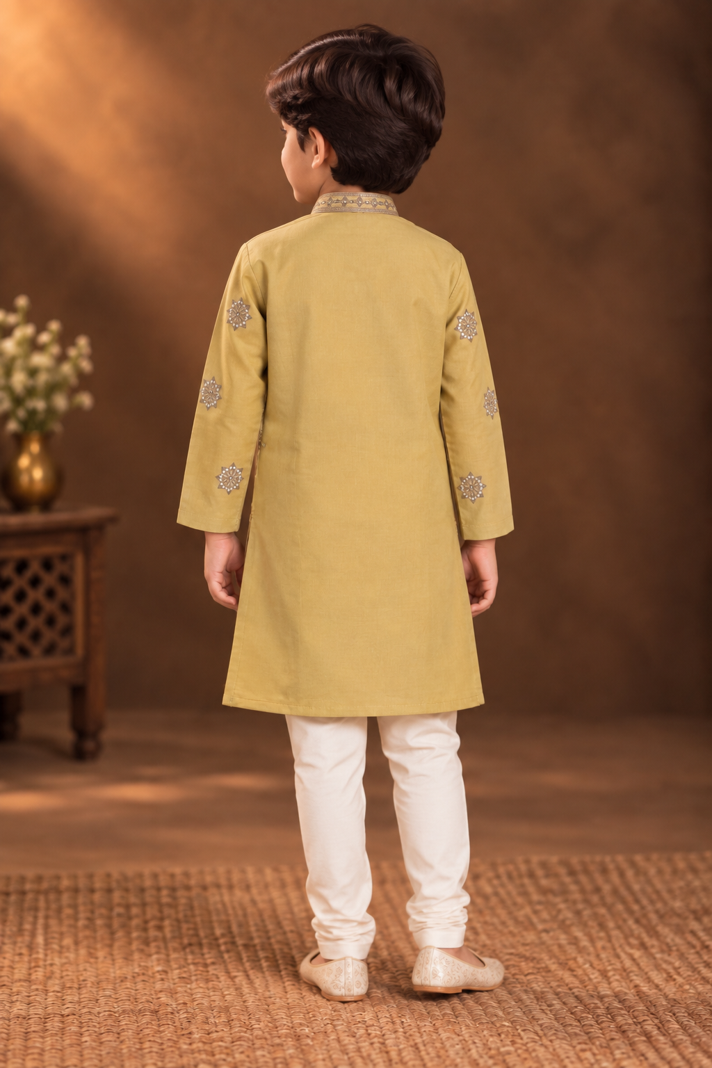 Mustard Yellow Kurta With Taupe Embroidery And Off-White Pyjama