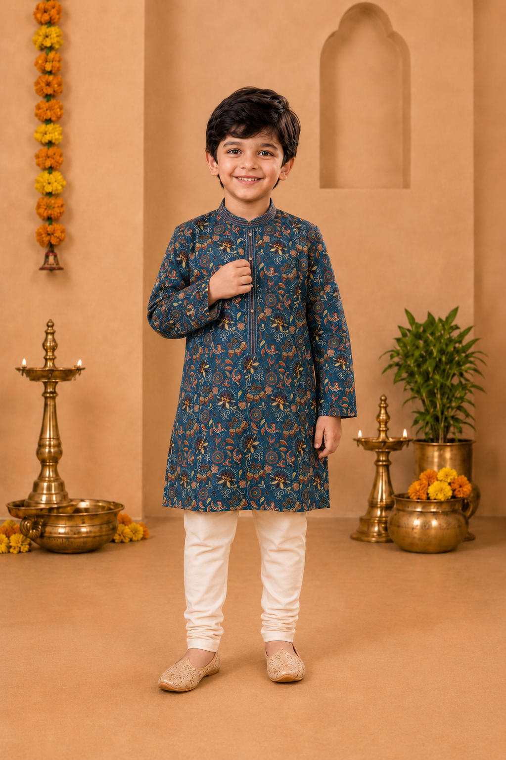 Teal Blue Printed Kurta With Off-white Pyjama