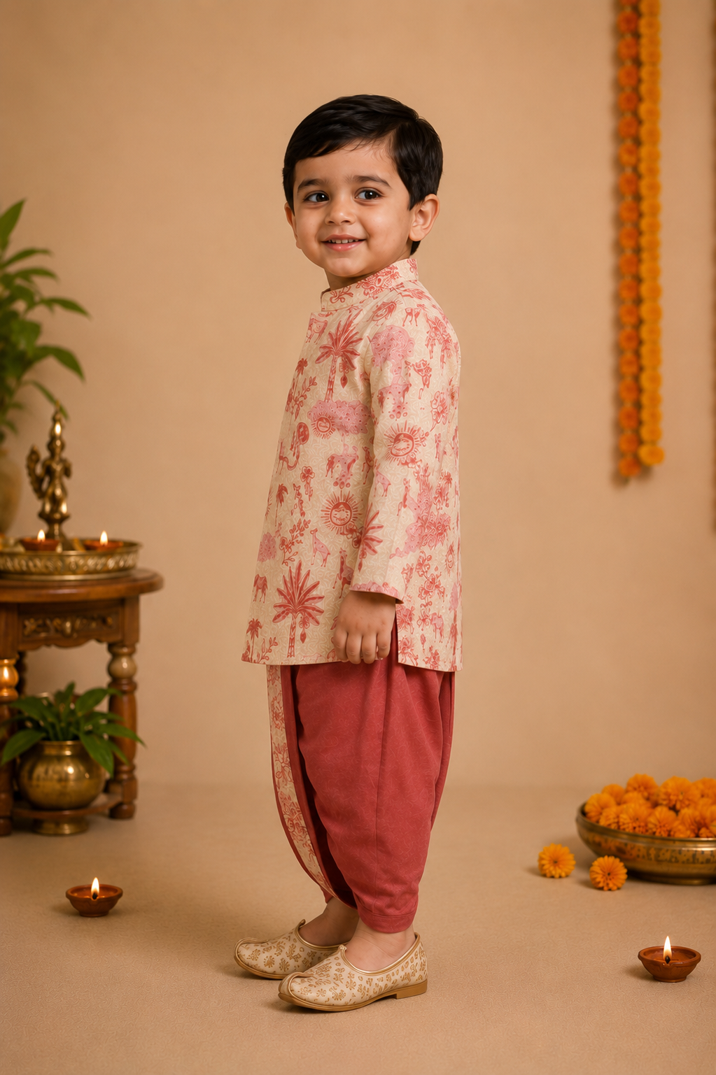 Cream Printed Kurta With Brick Red Dhoti