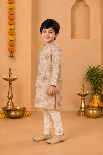 Ivory Floral Printed Kurta With Off-White Pyjama