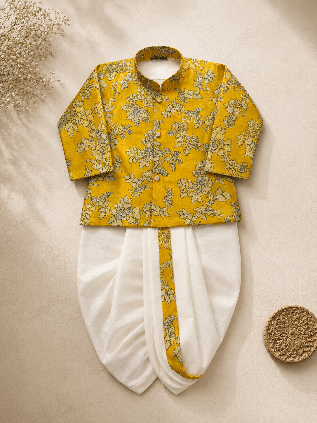 Yellow Printed Kurta With Off-white Dhoti