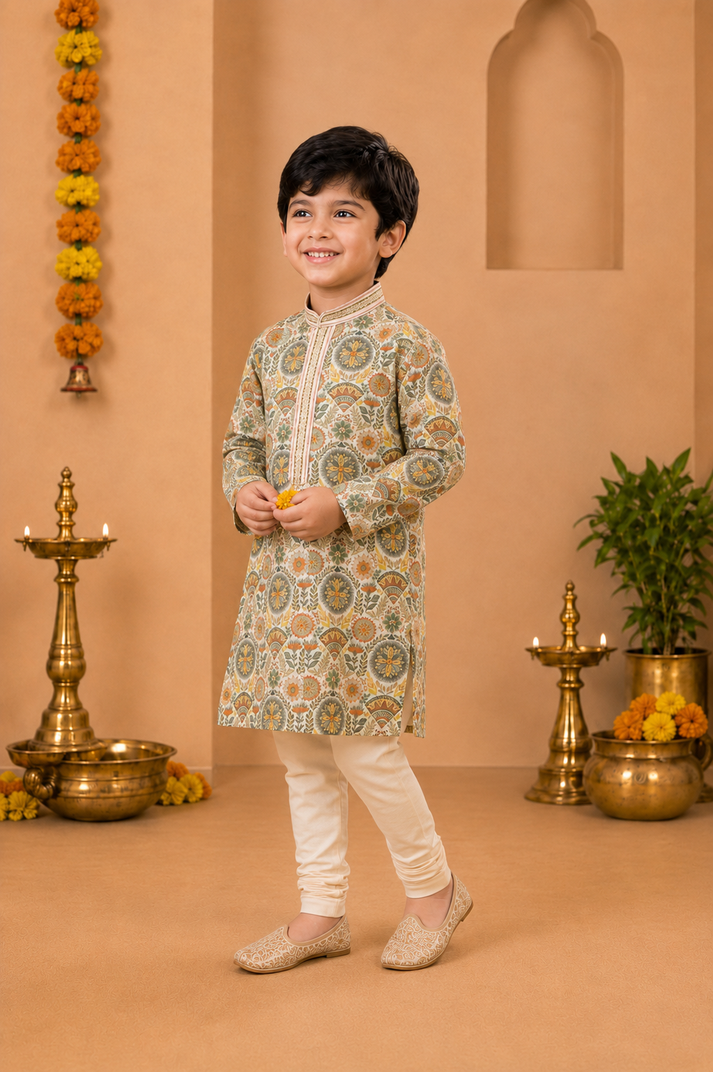 Ivory Kurta With Sage Green And Rust Floral Print And Off-white Pyjama