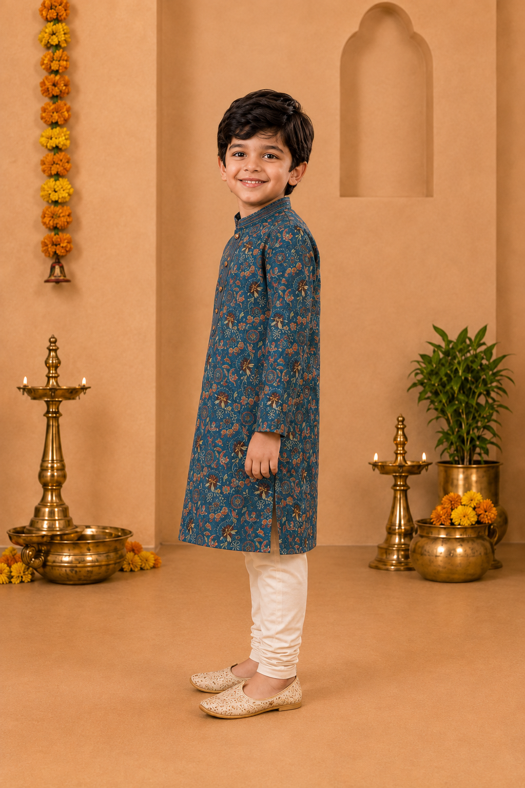 Teal Blue Printed Kurta With Off-white Pyjama