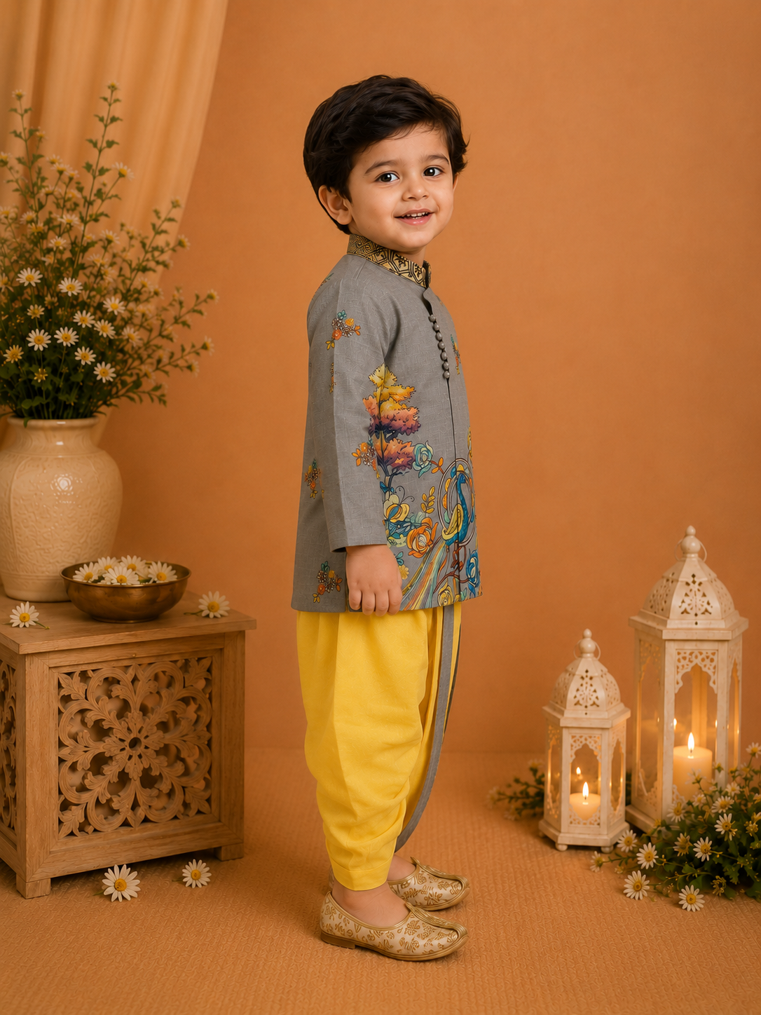Grey Printed Kurta With Yellow Dhoti