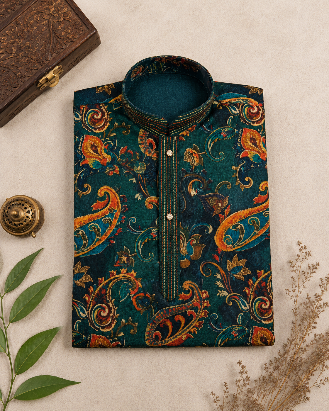 Teal Green Printed Kurta With Vibrant Paisley Motifs And Off-white Pyjama