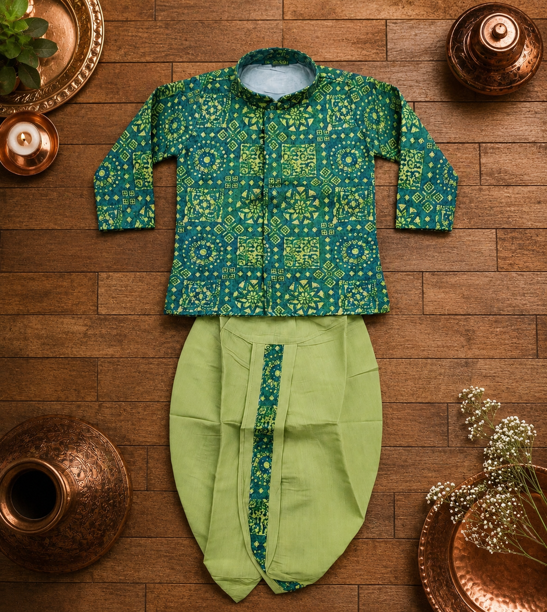Teal Green Printed Kurta With Pastel Green Dhoti