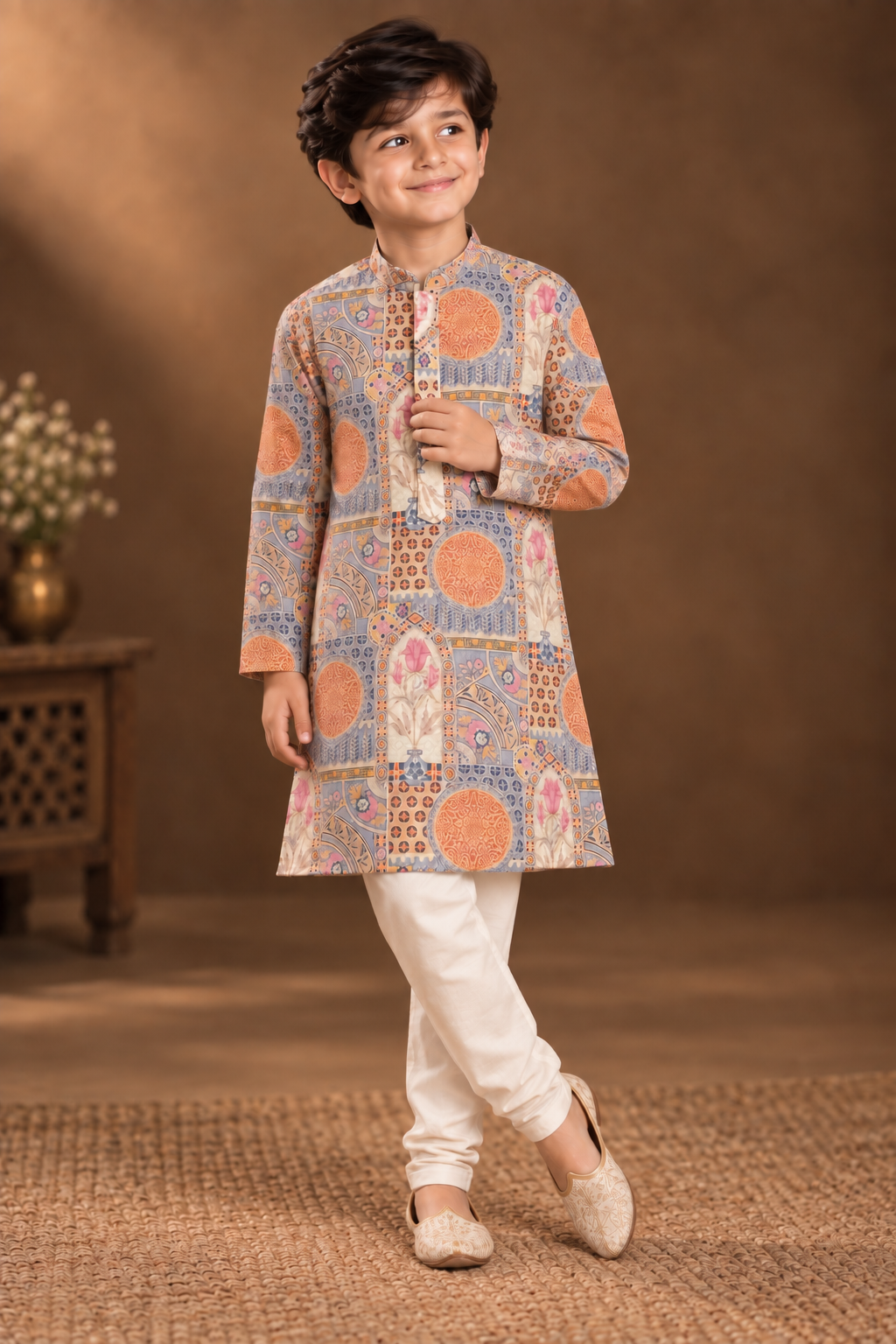 Dusty Blue And Peach Printed Kurta With Off-white Pyjama