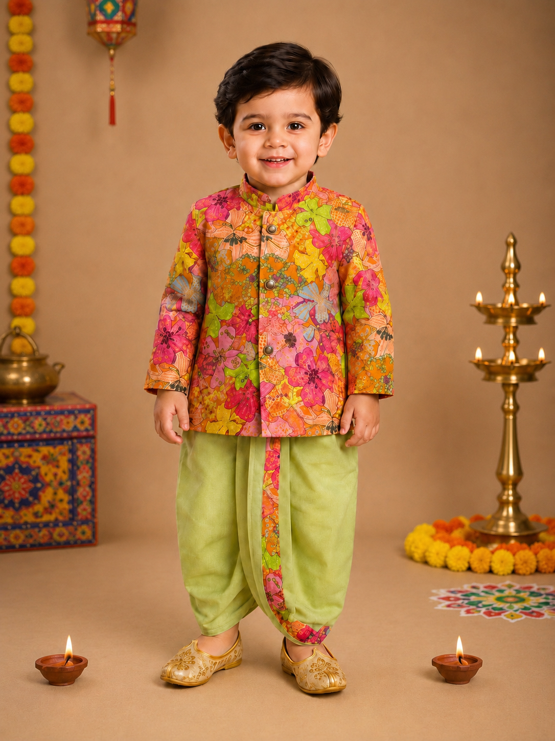 Multicolor Floral Printed Kurta With Pastel Green Dhoti