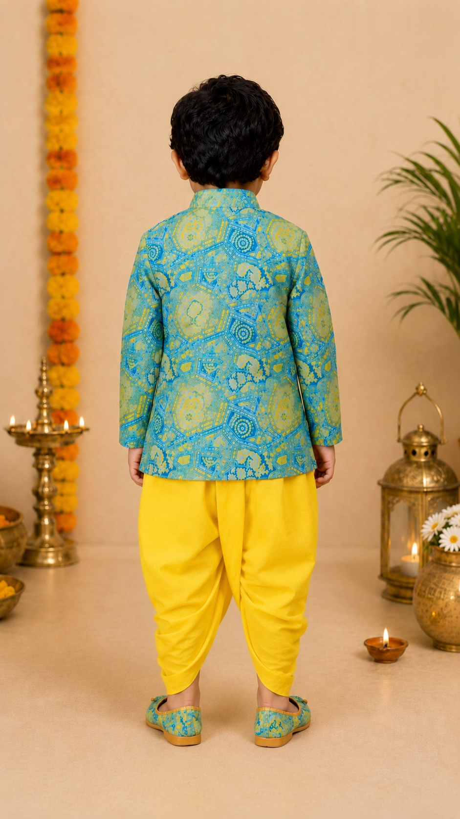 Blue And Yellow Printed Kurta With Lemon Yellow Dhoti