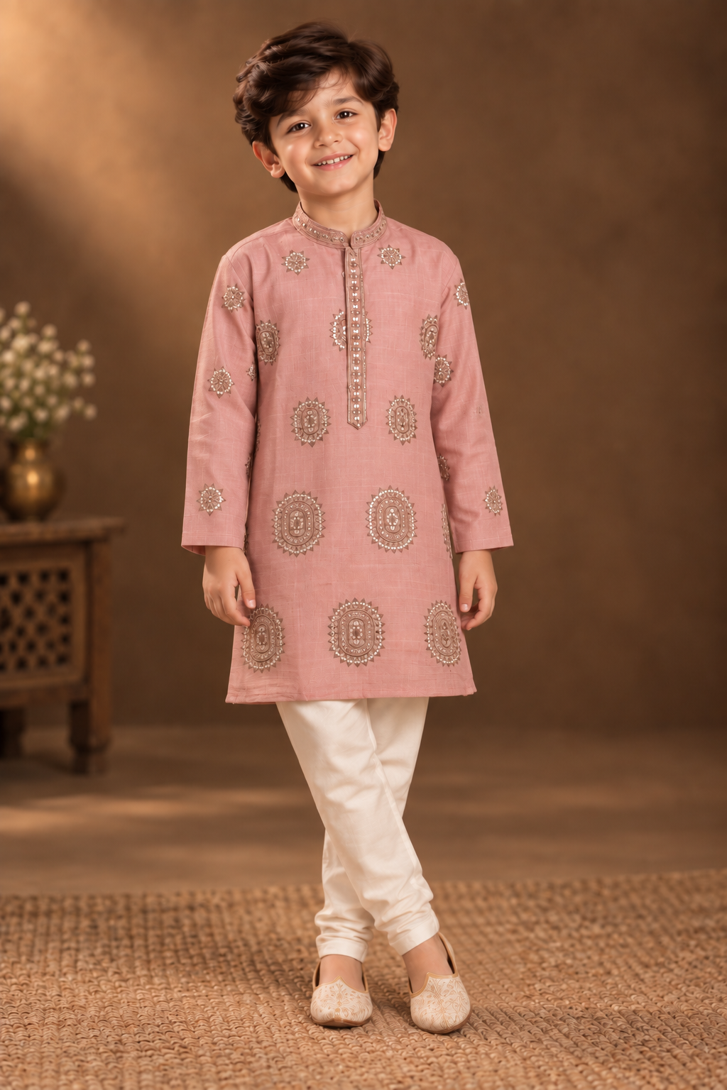 Dusty Rose Kurta With Taupe Embroidery And Off-White Pyjama