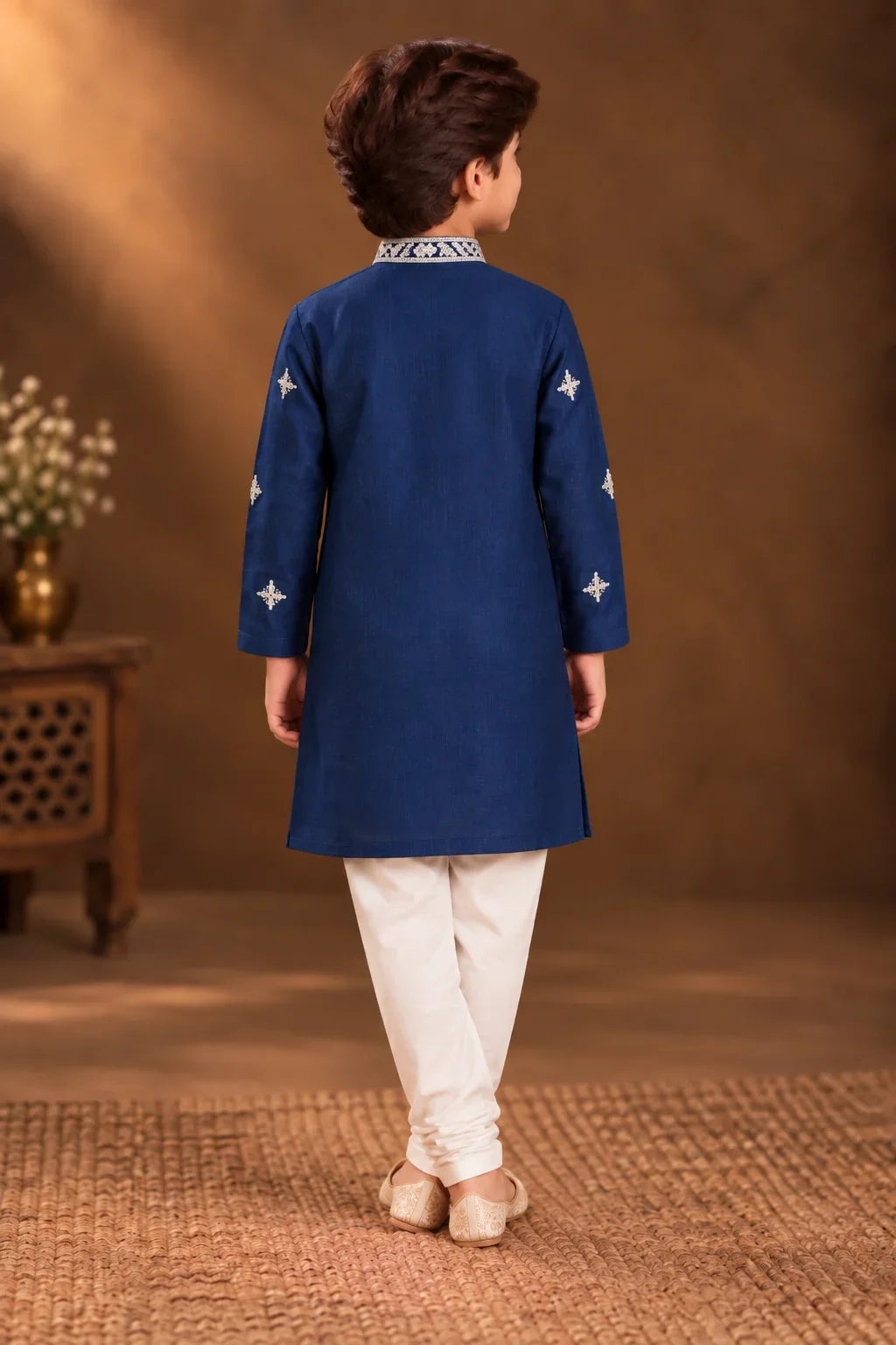 Dark Blue Kurta With White Floral Embroidery And Off-white Pyjama