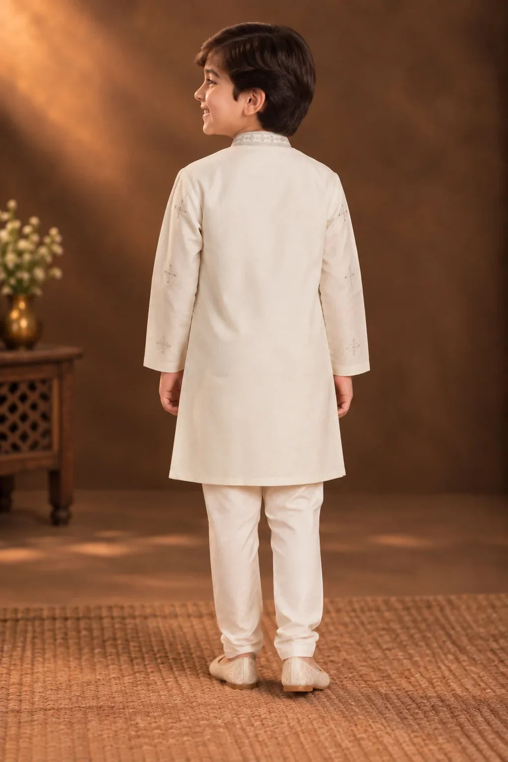 Ivory Kurta With Delicate Silver Embroidery And Off-white Pyjama