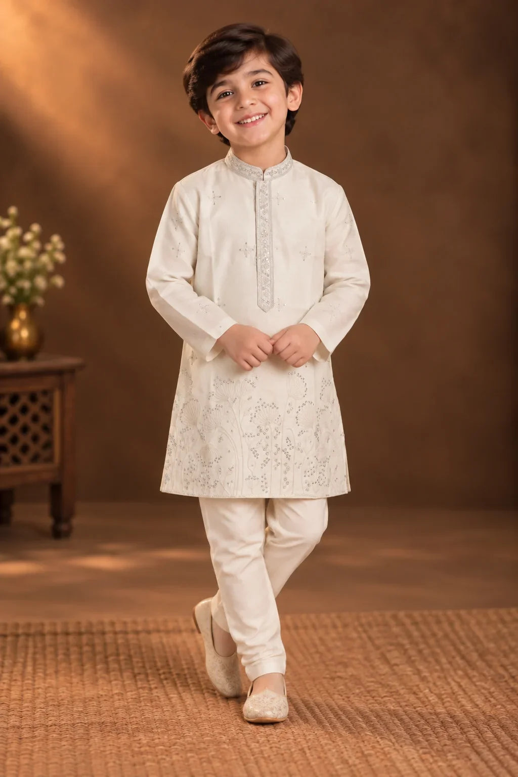 Ivory Kurta With Delicate Silver Embroidery And Off-white Pyjama
