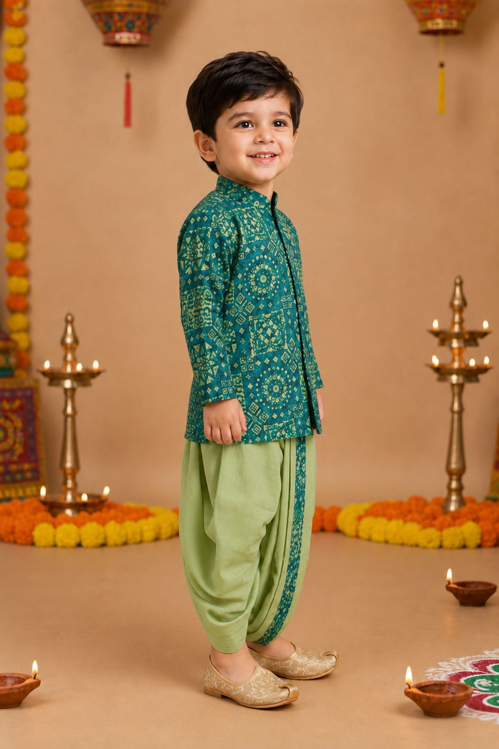Teal Green Printed Kurta With Pastel Green Dhoti
