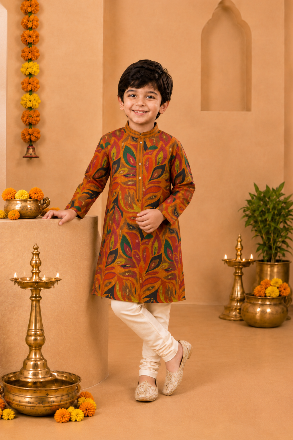 Multicoloured Printed Kurta With Off-white Pyjama