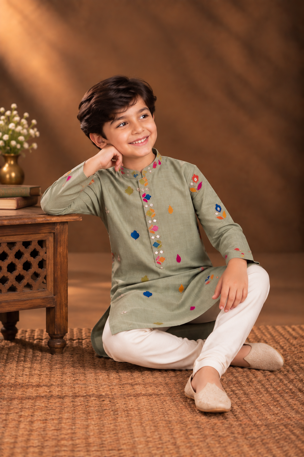 Sage Green Kurta With Vibrant Multicolour Floral Embroidery And Off-white Pyjama