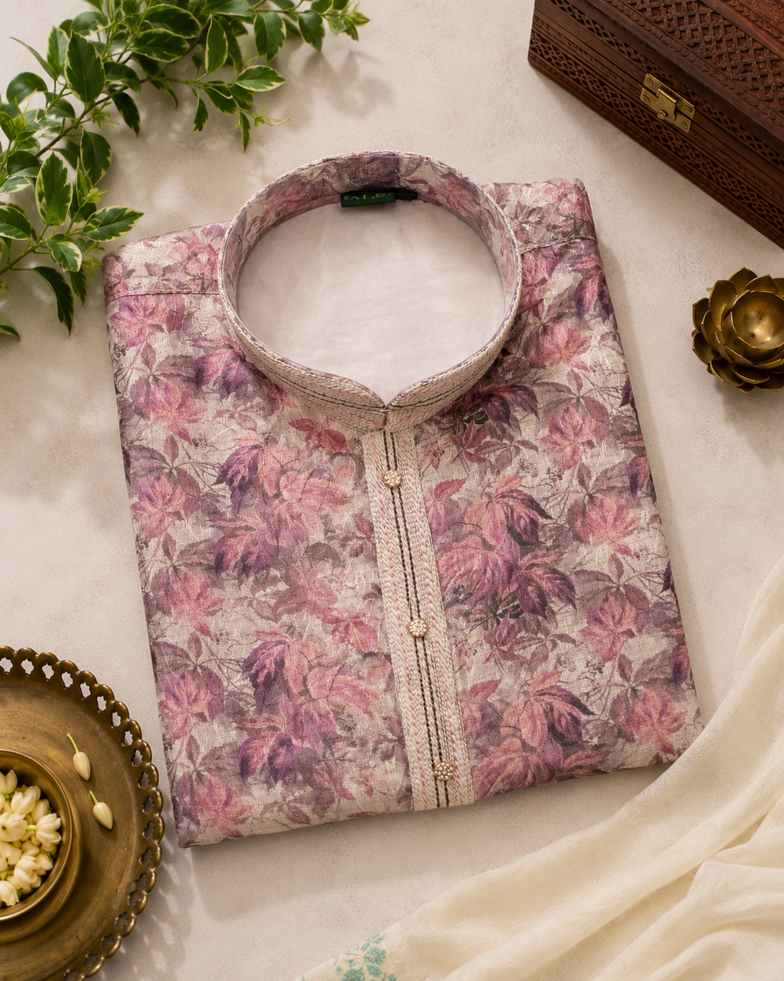 Blush Pink Floral Printed Kurta With Off-White Pyjama
