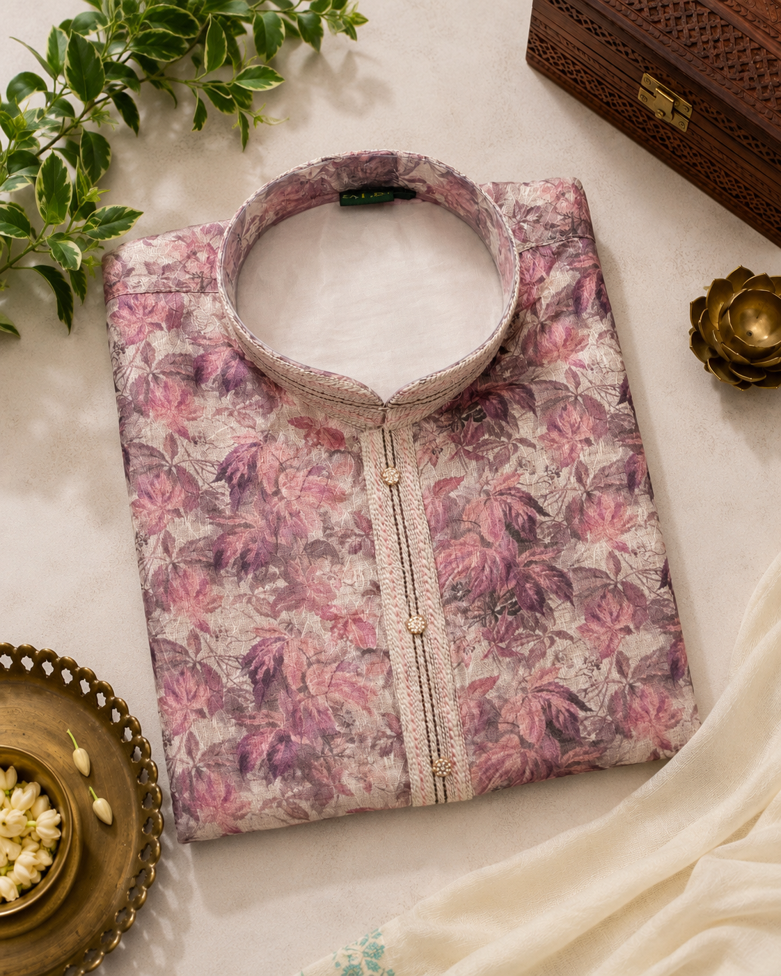 Blush Pink Floral Printed Kurta With Off-White Pyjama