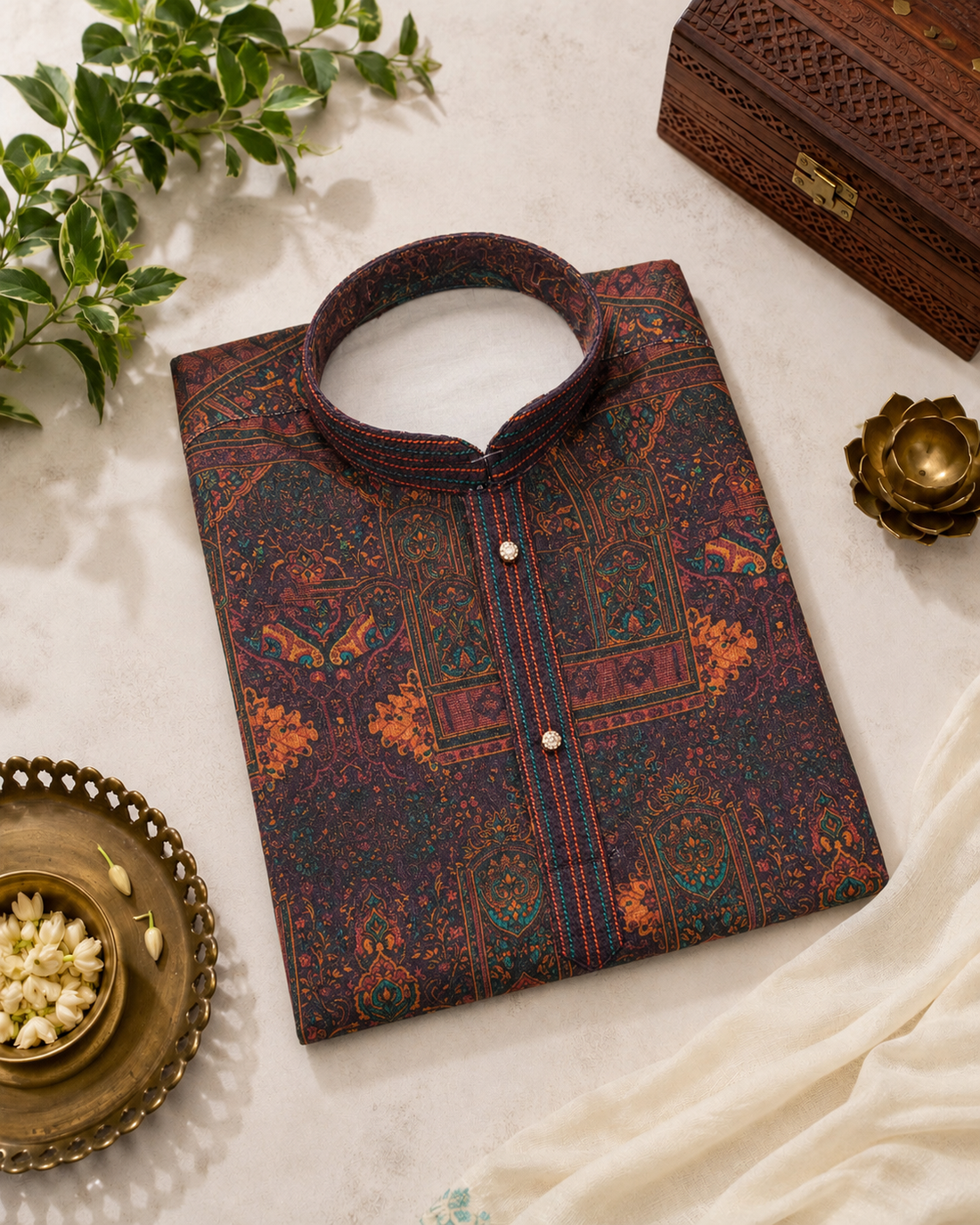 Deep Maroon Printed Kurta With Off-white Pyjama