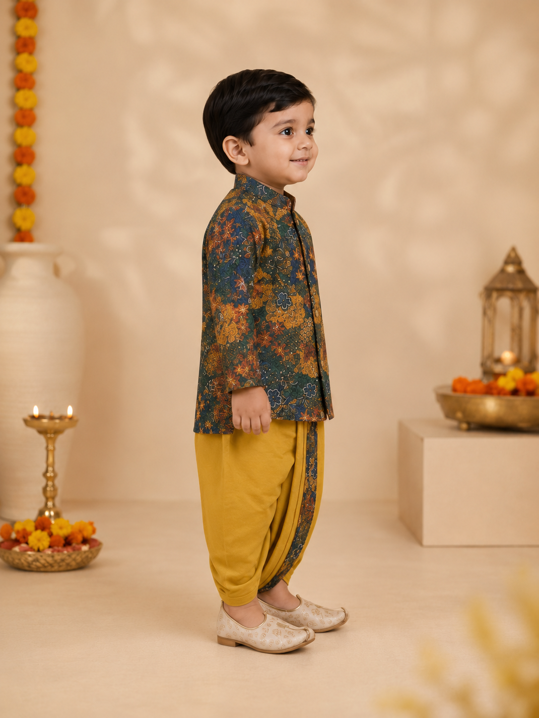 Multicolor Floral Printed Kurta With Mustard Dhoti