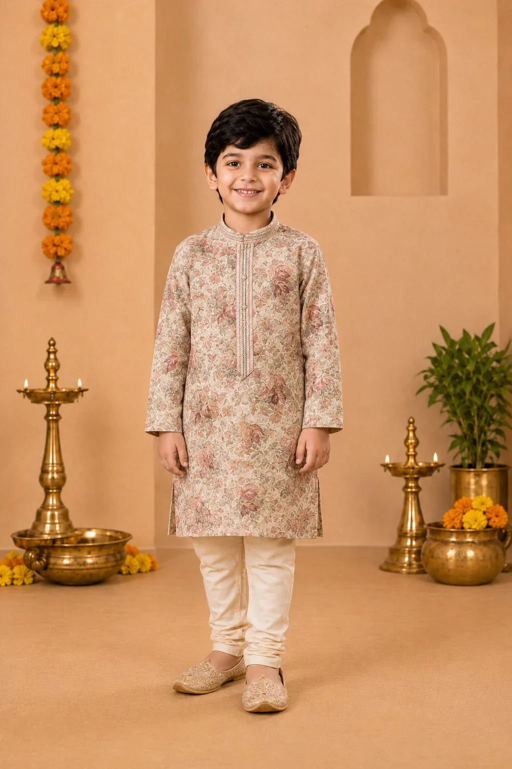 Ivory Floral Printed Kurta With Off-White Pyjama