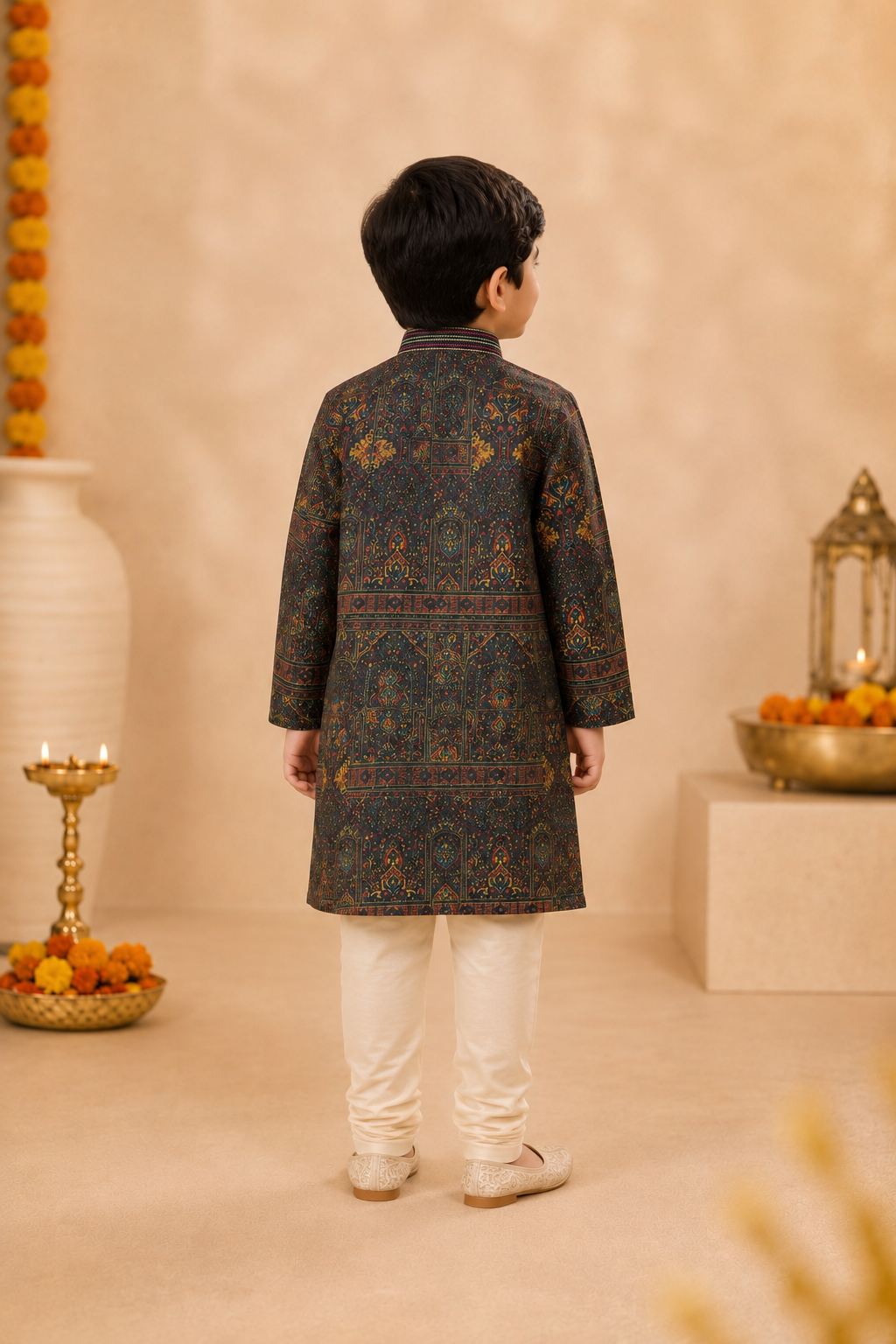 Deep Olive Printed Kurta With Off-white Pyjama