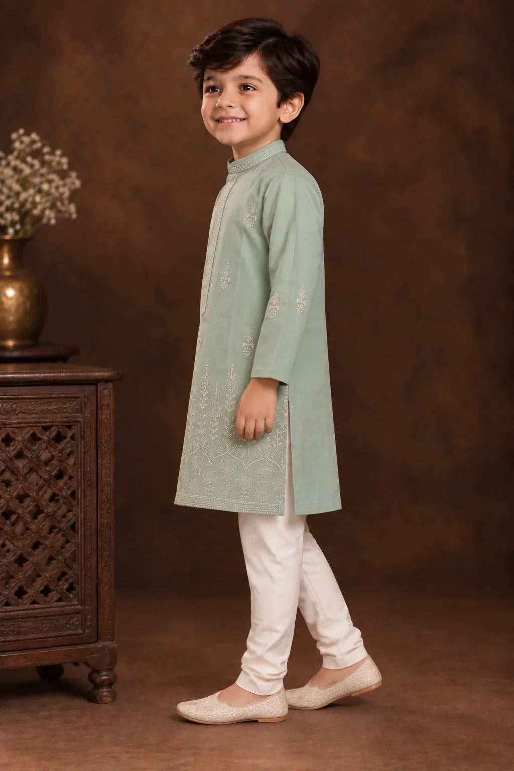 Pastel Sage Green Kurta With Tonal Embroidery And Off-white Pyjama