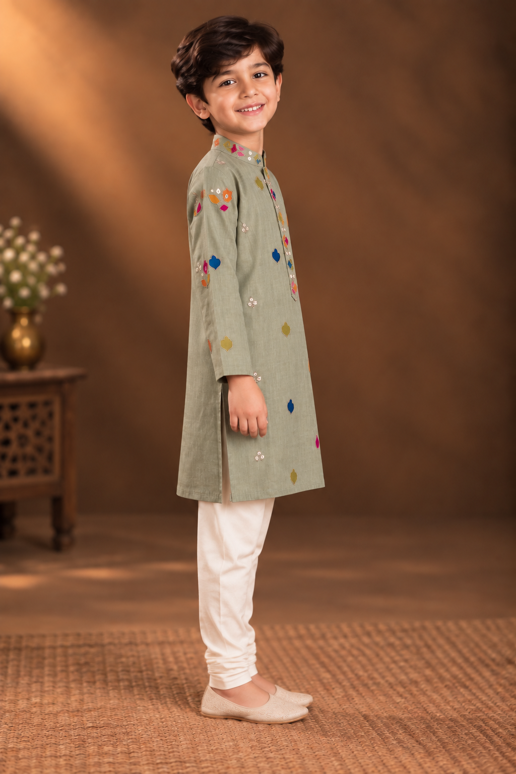 Sage Green Kurta With Vibrant Multicolour Floral Embroidery And Off-white Pyjama