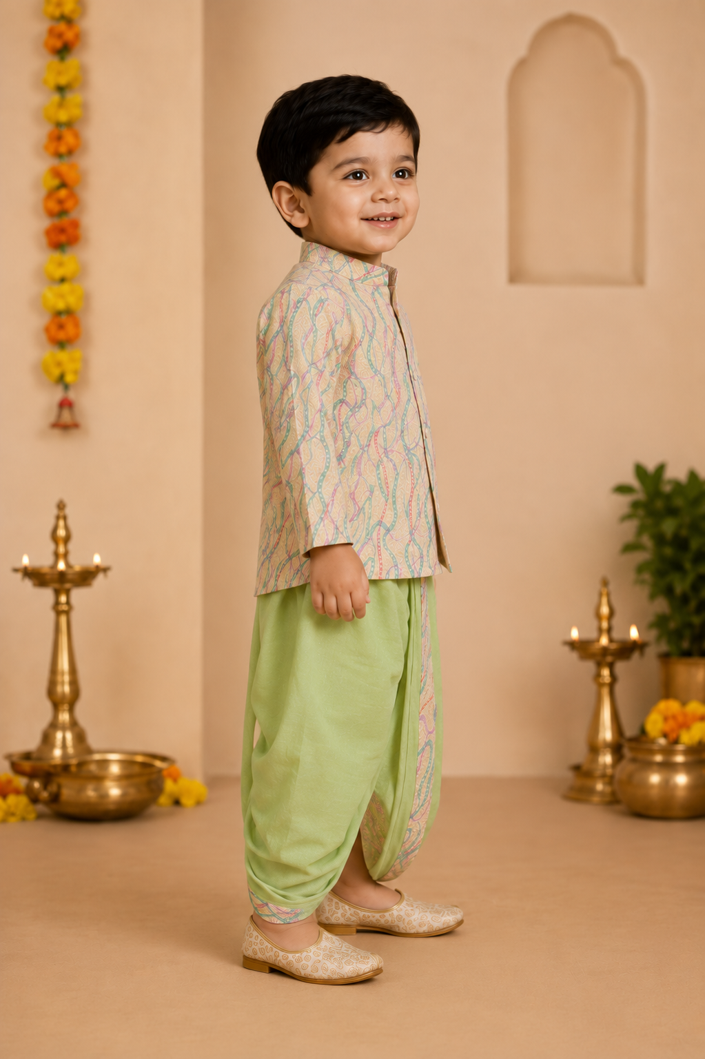 Cream Printed Kurta With Pastel Green Dhoti