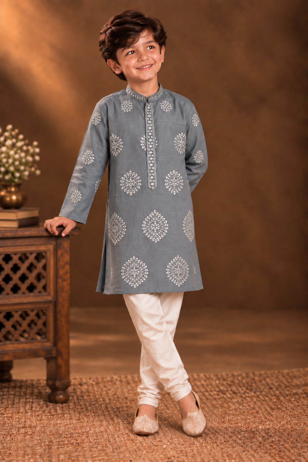 Dusty Blue Kurta With Silver Geometric Embroidery And Off-white Pyjama